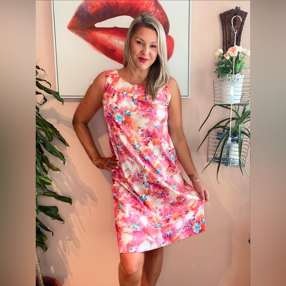 Cute Vintage Pink & Blue Floral Midi Dress, Size xl